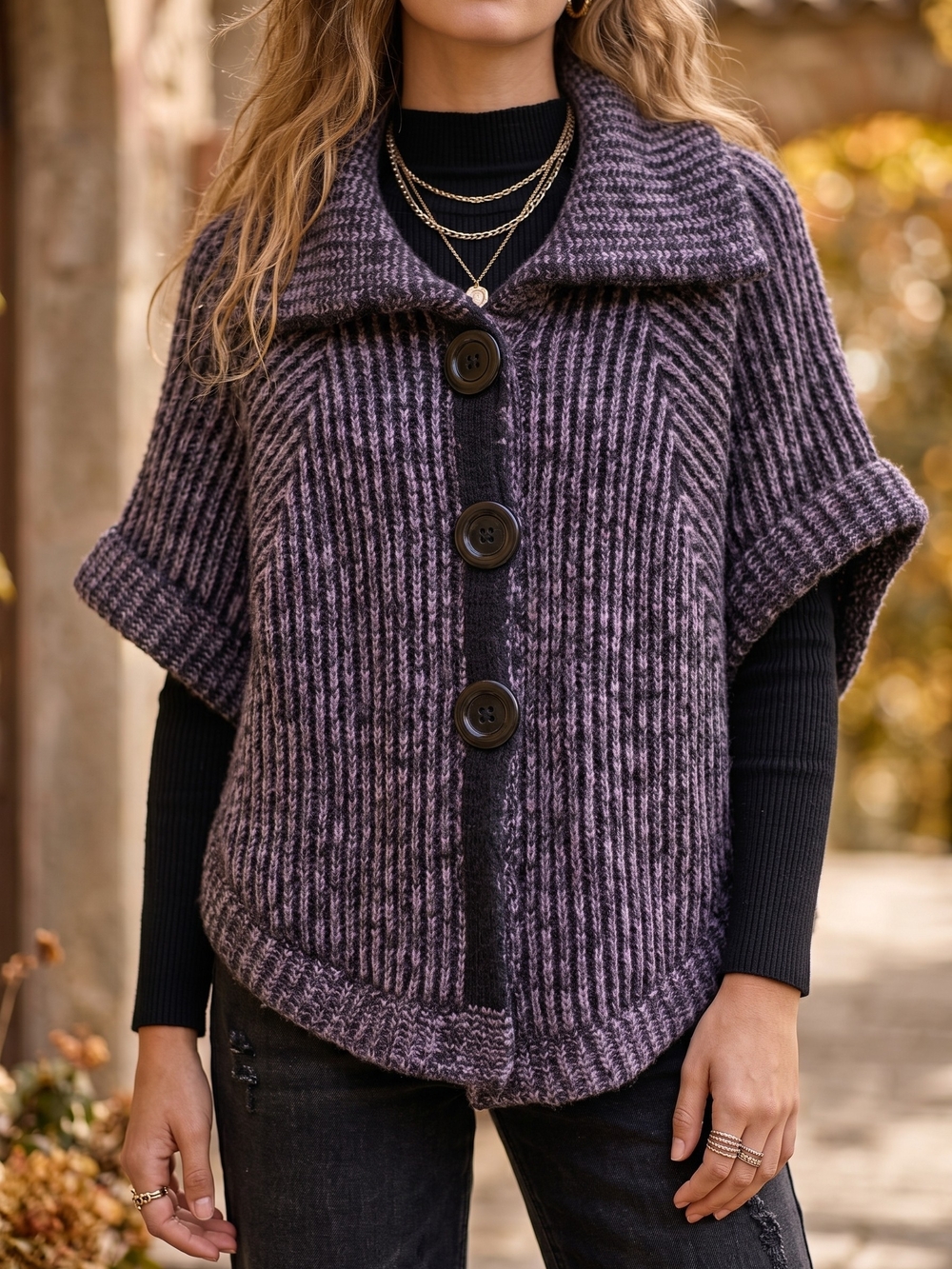 Moffi Chunky Mohair Wool Knit Button Poncho Shrug Capelet Boho Dark Academia